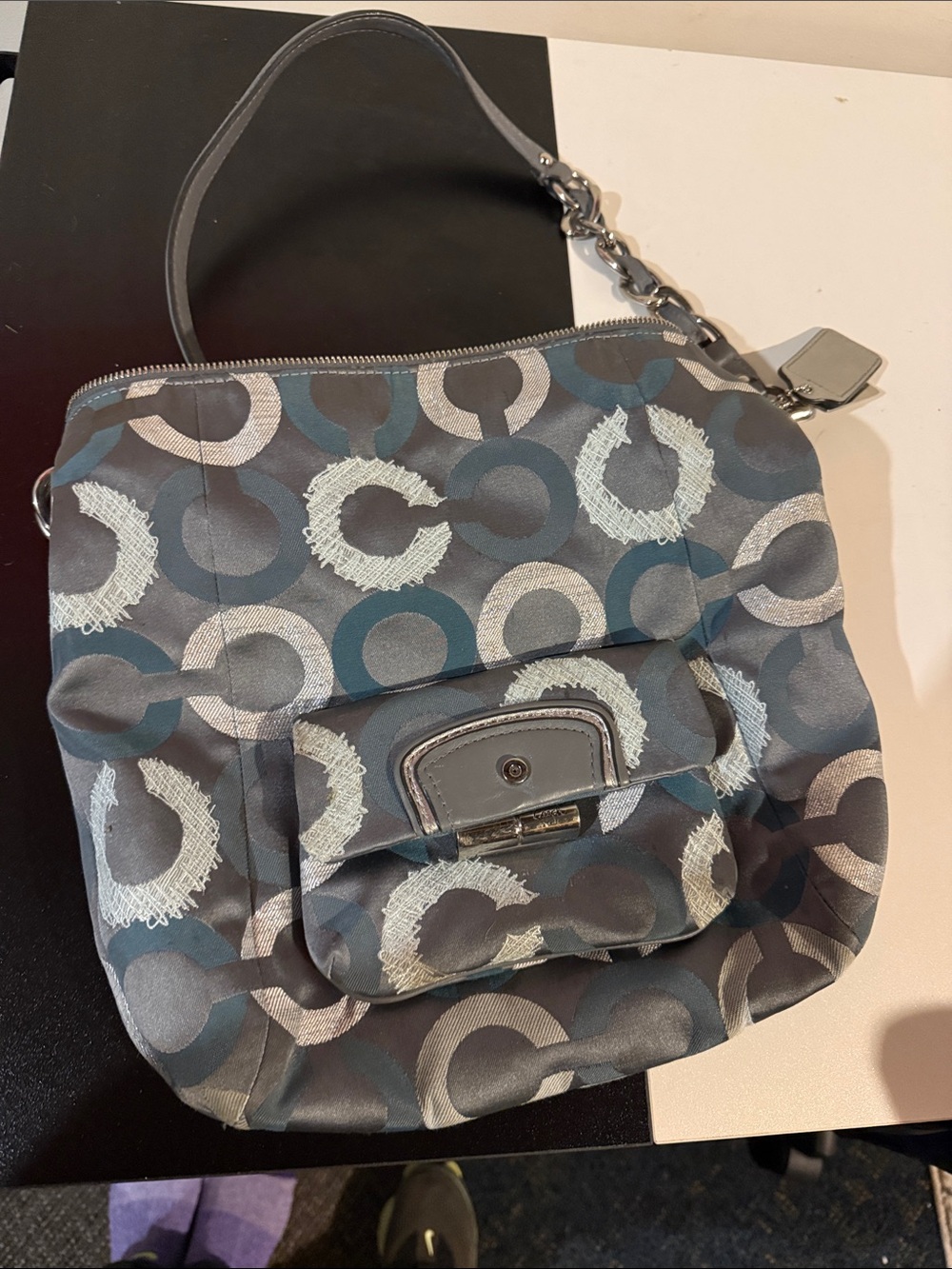 Coach Gray and Teal Signature Circle Shoulder Bag